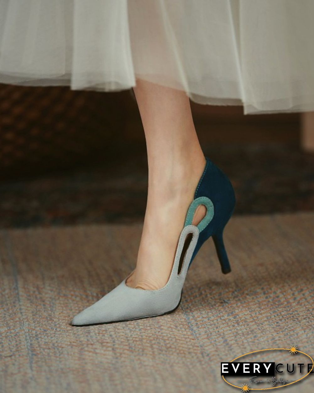 Colorblock Cut-out Suede Leather High Heel Sandals