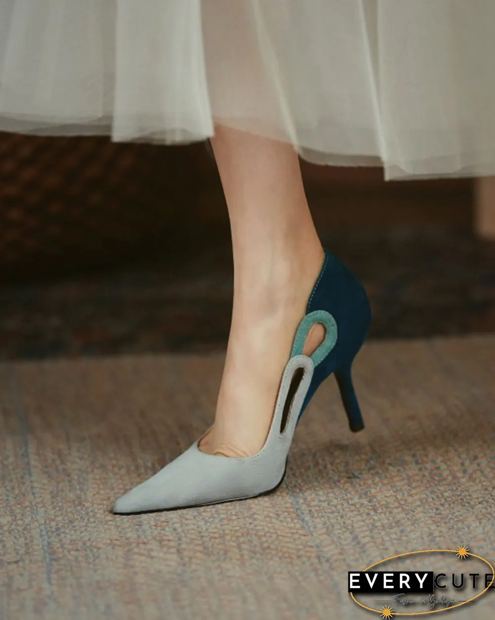 Colorblock Cut-out Suede Leather High Heel Sandals