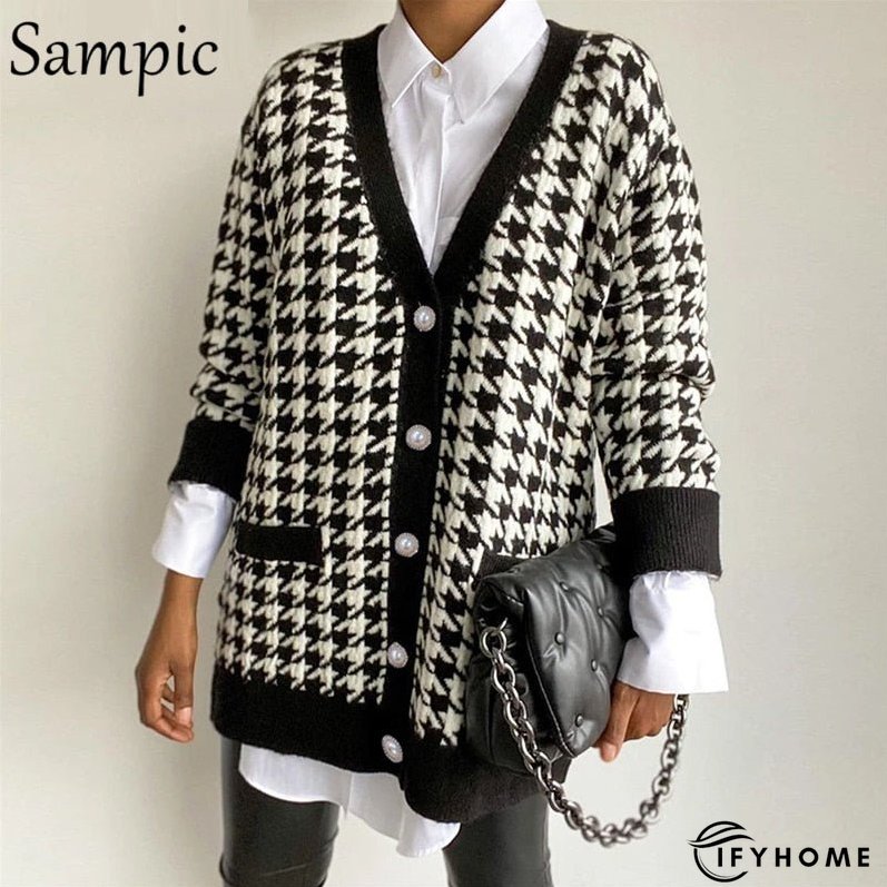 Christmas Gift Sampic Loose Patchwork Knitwear Winter Women Cardigans Tops Oversized Long Sleeve Y2K V Neck Sweater Casual Fashion Tops | IFYHOME