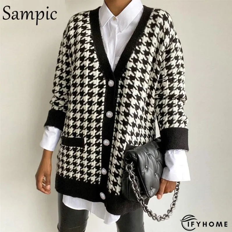 Christmas Gift Sampic Loose Patchwork Knitwear Winter Women Cardigans Tops Oversized Long Sleeve Y2K V Neck Sweater Casual Fashion Tops | IFYHOME