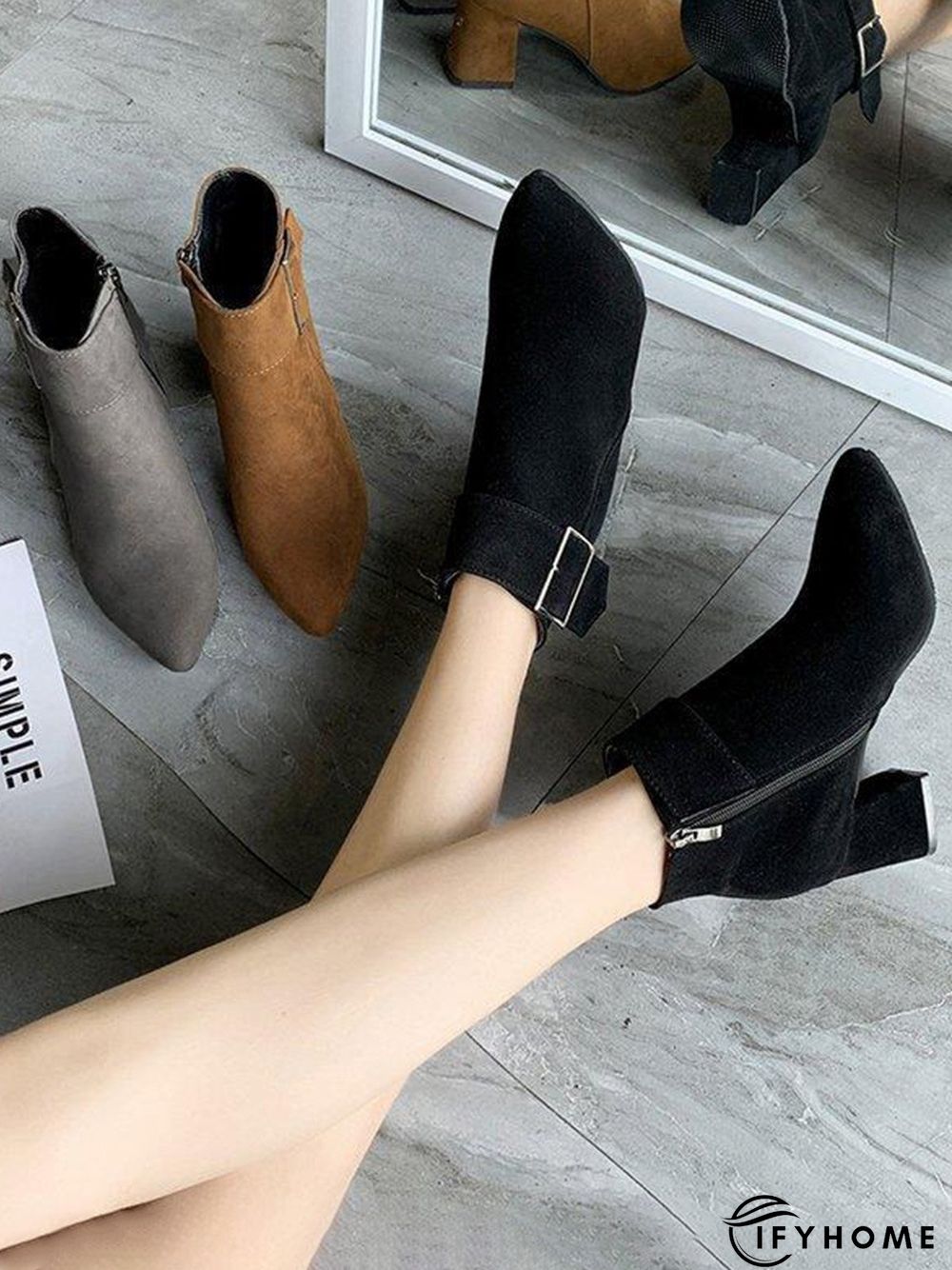 Belt Buckle Chunky Heel Pointed Toe Booties | IFYHOME