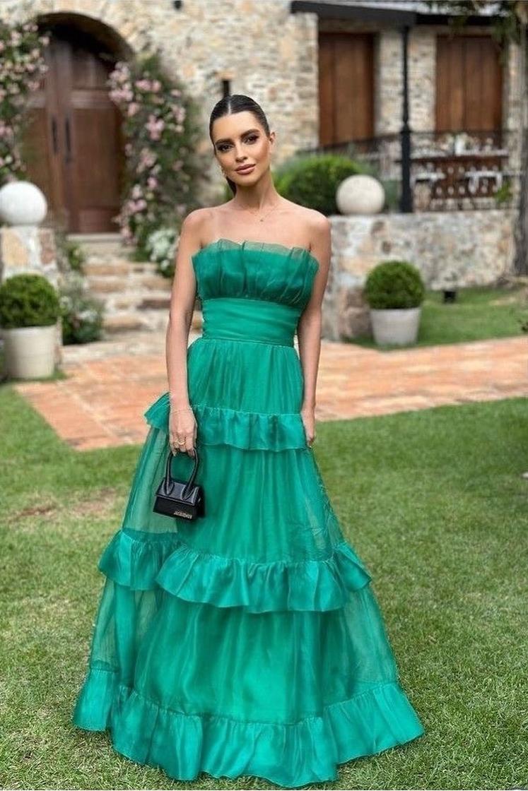 Lussooy Charming Sleeveless Emerald Green Long Prom Dress with Ruffles  