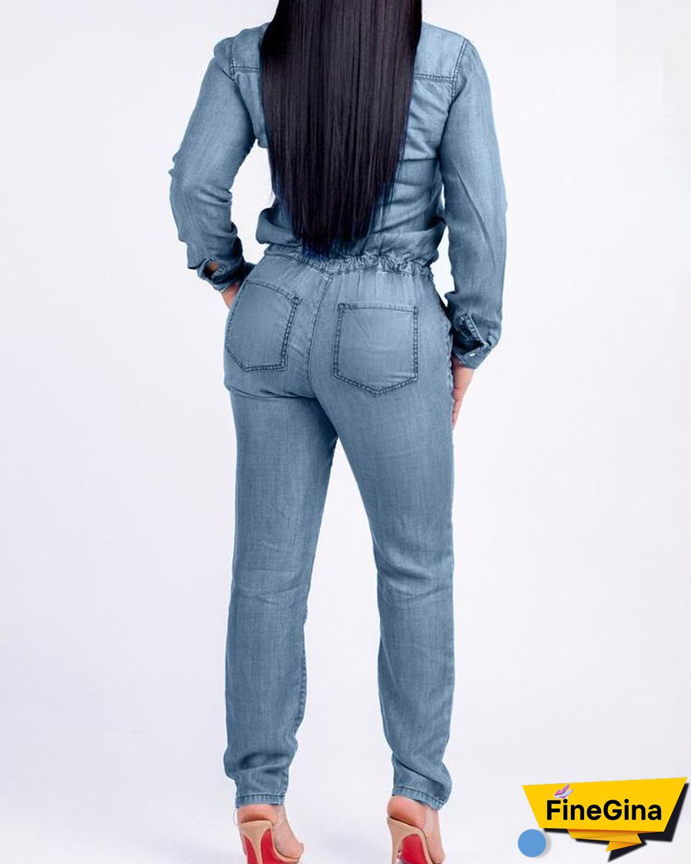 Pocket Design Drawstring Denim Jumpsuit