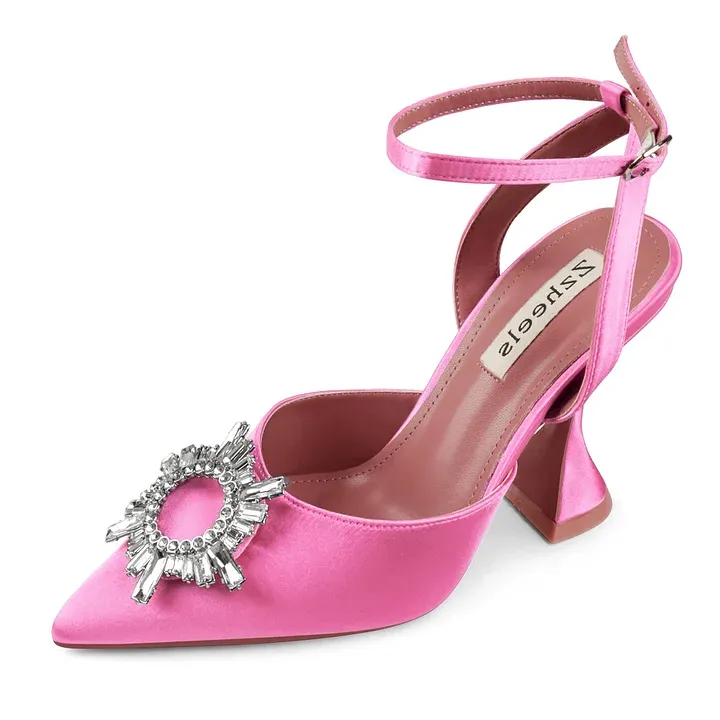 Zzheels Women's High Heel Crystal Slingback Pumps Pointed Toe Strappy Sandals for Party Dating