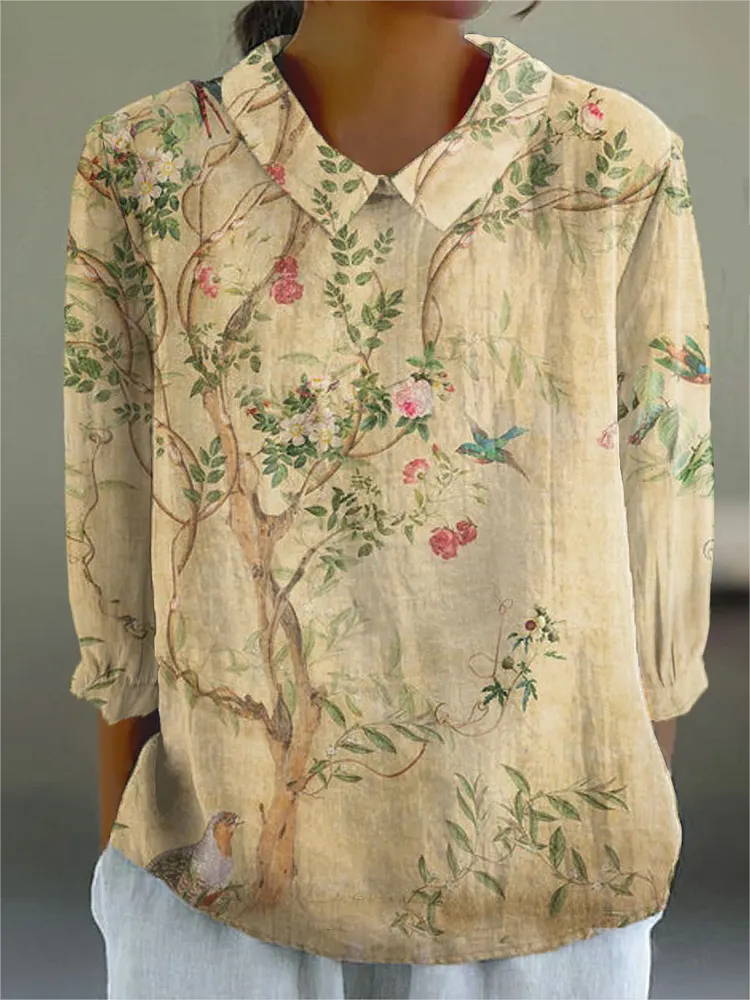 Women's Vintage Floral Art Print Casual Cotton And Linen 3/4 Sleeve Shirt