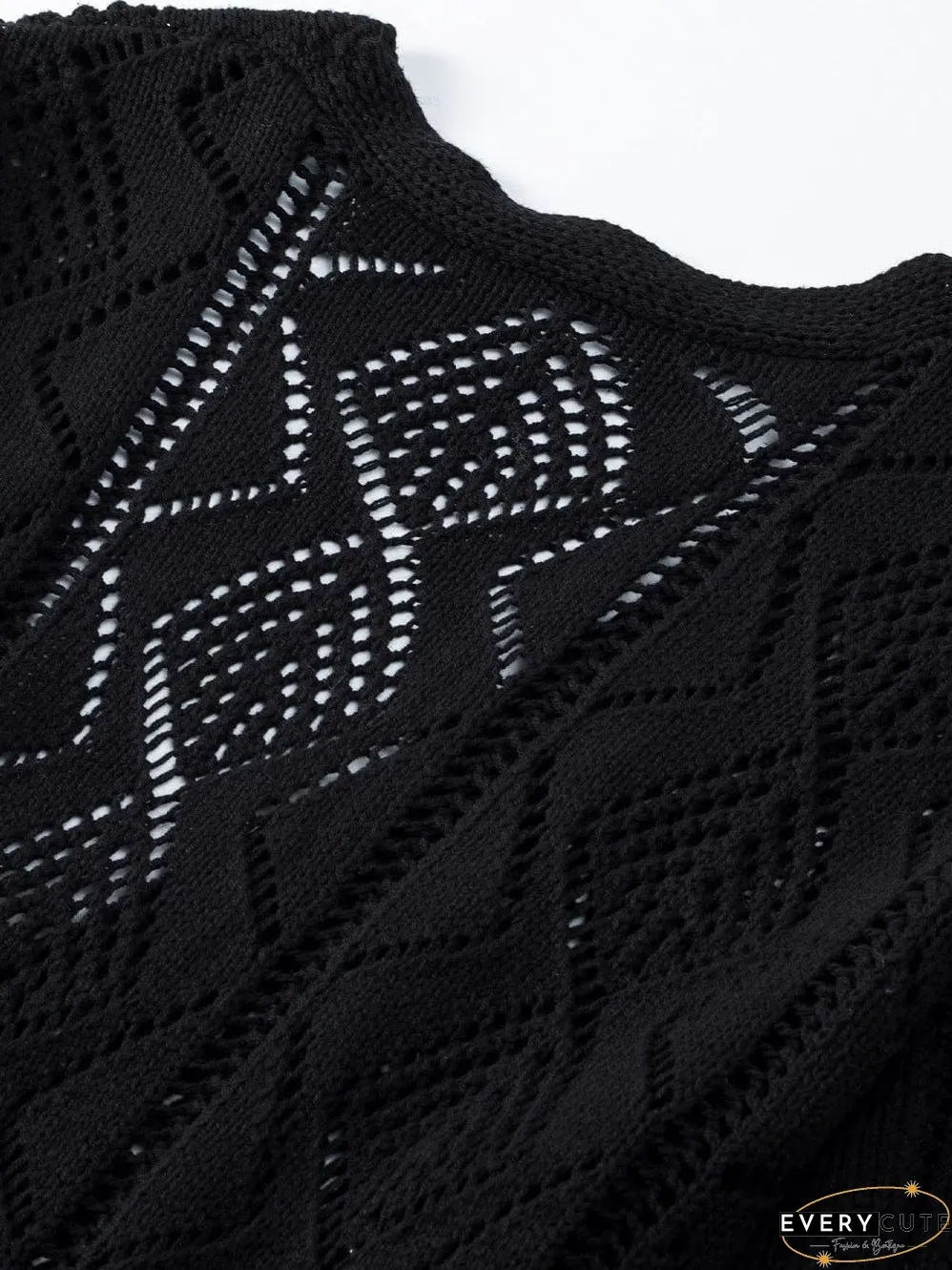 Elegant Black Crochet Knit Openwork Cardigan