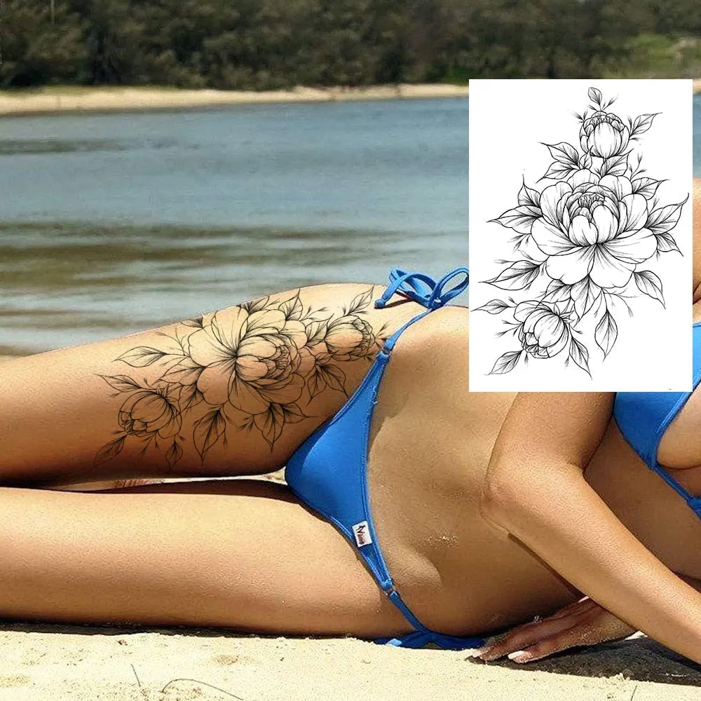 Realistic Sexy Peony Tattoos Temporary Women Adult Flower Arm Tattoos Sticker Waterproof Fake Floral Bloosom Body Leg Art Tatoos 530-1