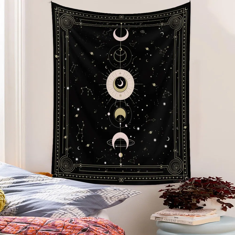 Psychedelic Moon Phase Tapestry Wall Hanging Boho Art Tapestries Bright Printing Pattern hand-made lace hanging room decoration