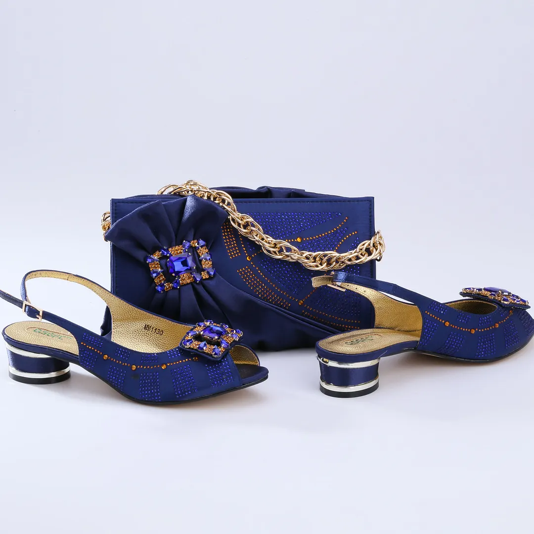 QSGFC 2022 Italian Design Nigerian Fashion Party Gold Color Ladies Shoes and Bag Set With Rhinestone and Metal Decoration