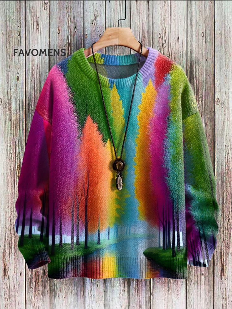 Multicolor Tree Art Print Casual Knit Pullover Sweater / S