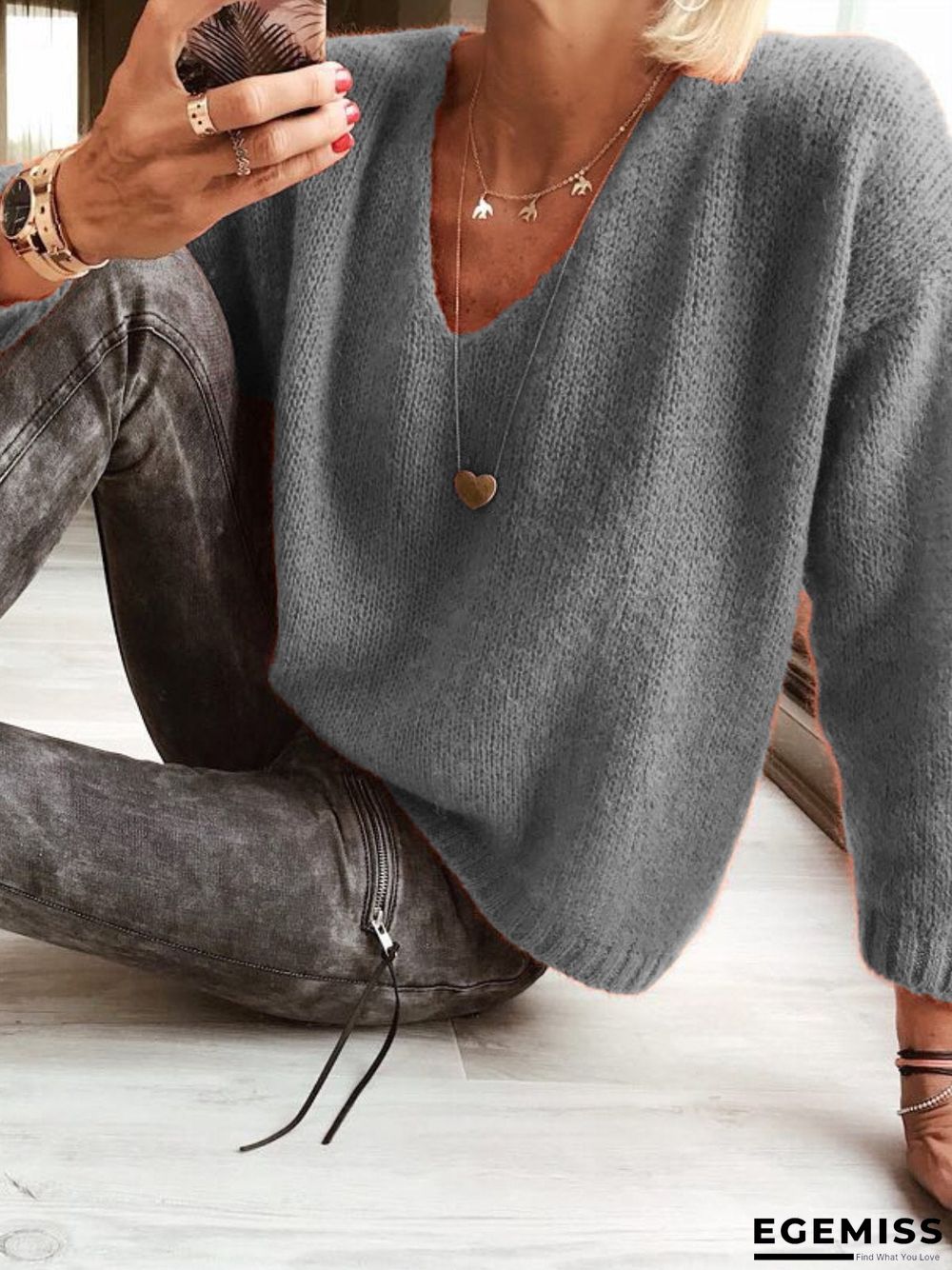 Woman Wool blend Casual V Neck Plain Sweater | EGEMISS