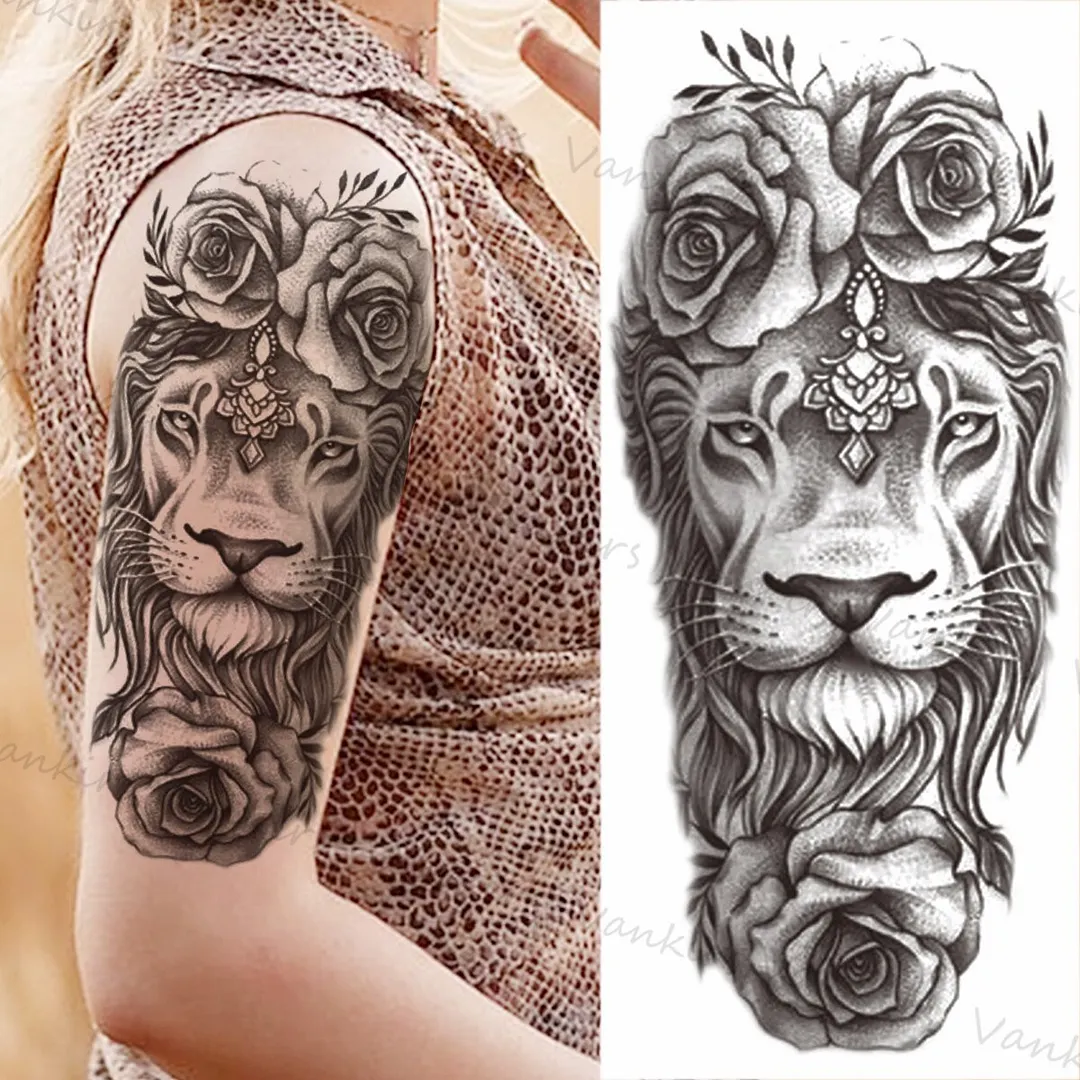 Sdrawing Lion Crown Temporary Tattoos For Women Men Wolf Compass Tiger Mountain Flower Fake Tattoo Sticker Arm Body Tatoos