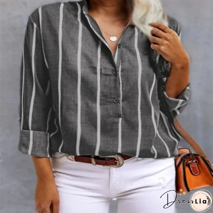 Women's Summer Shirt Striped Half Long Sleeve Blouses