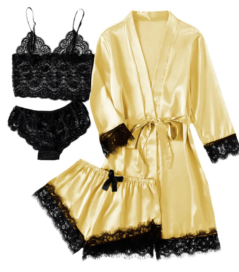 Churchf 2021 New Ladies Pajamas Four-Piece Sexy Sling Skirt Set Home Lace Pajamas Set