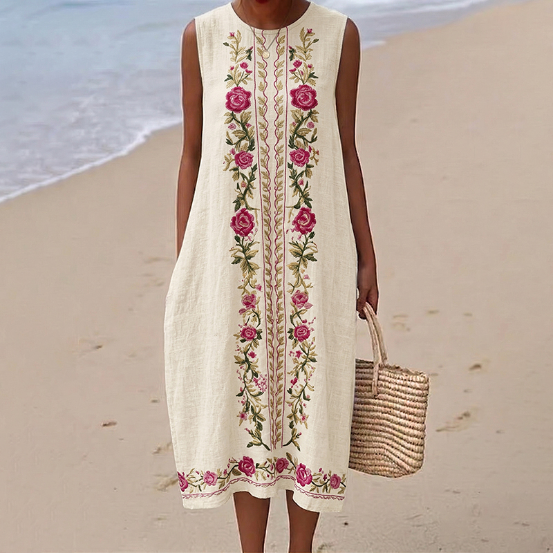 Women's Vintage Rose Pattern Round Neck Sleeveless Midi Dress elevenforest