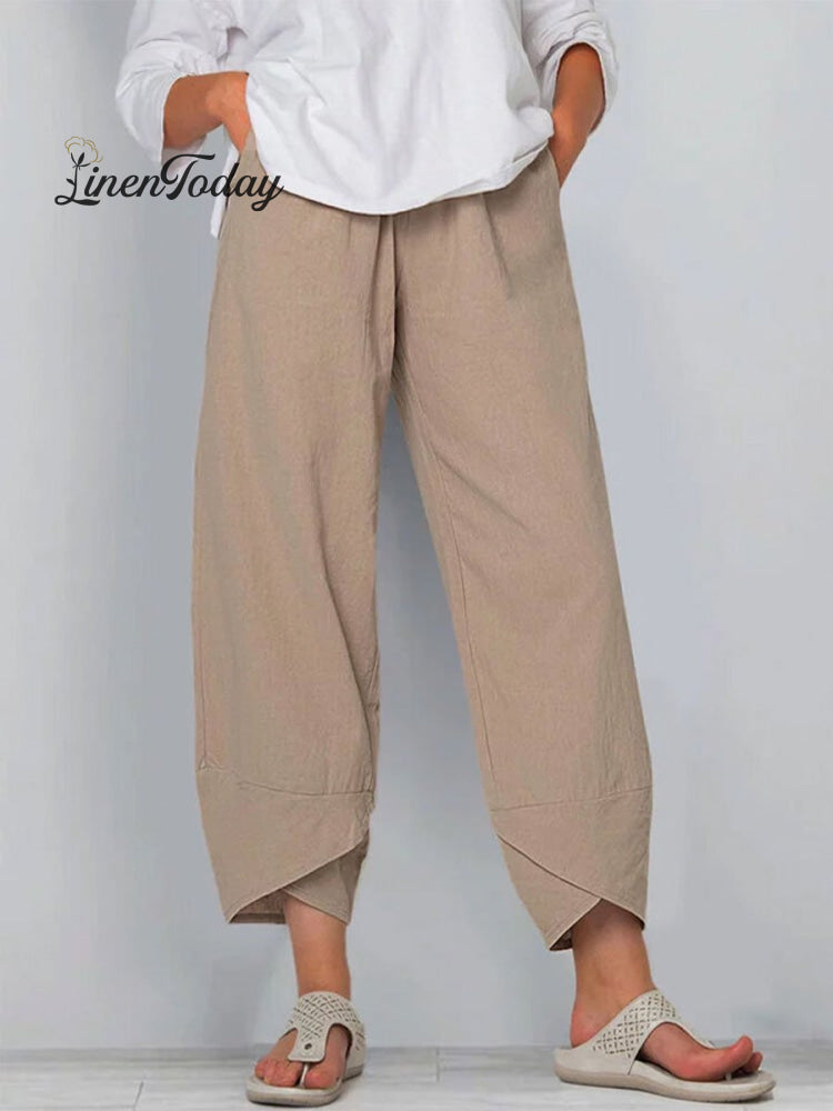 Women&rsquo;s Solid Color Loose Elegant Casual Simple Cotton And Linen Ninth Pants Khaki / S