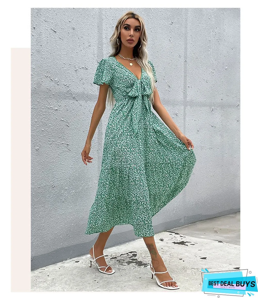 Women's Short Sleeve Green Printed V-Neck Dress