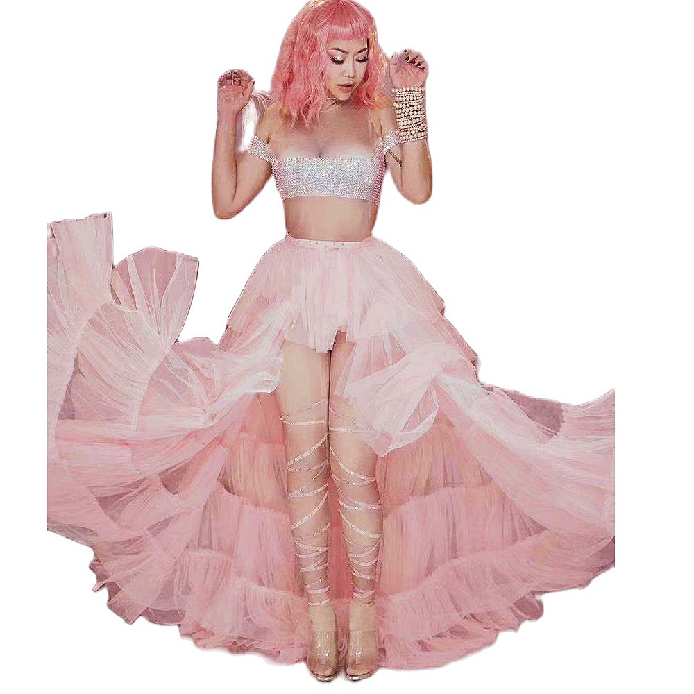 GOOSHOE DiamonTight Stretch Mesh Net Women Bodysuits Pink Skirt Two-Piece Set Outfit Dance