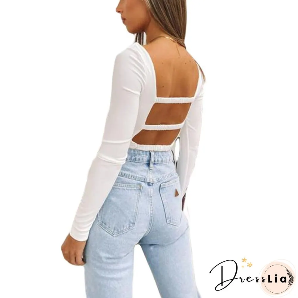 Women Solid Color Pullover Deep V-neck Long Sleeve Backless Crop Tops S M L XL