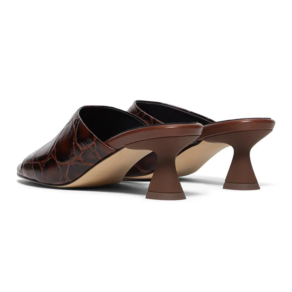 Brown Embossed Round Toe Wide Strap Mid Flared Heeled Mules