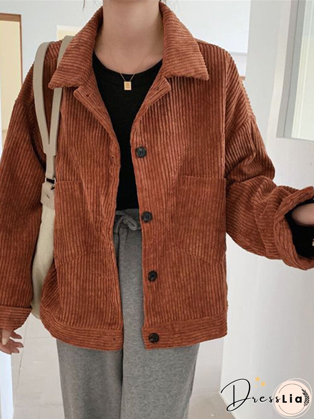 Corduroy Solid Pocket Button Loose Long Sleeve Lapel Jacket