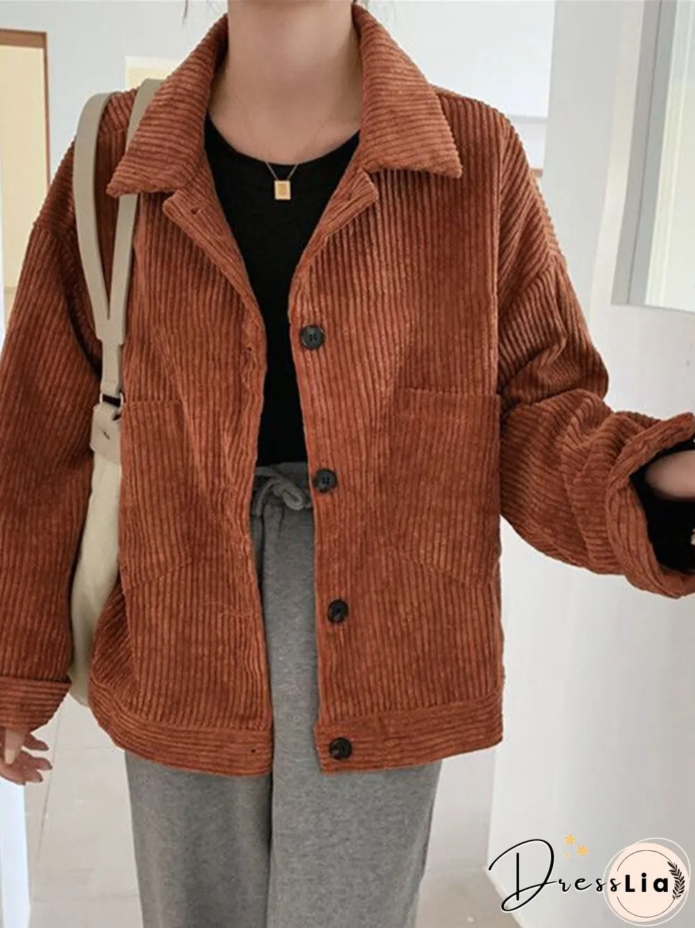 Corduroy Solid Pocket Button Loose Long Sleeve Lapel Jacket