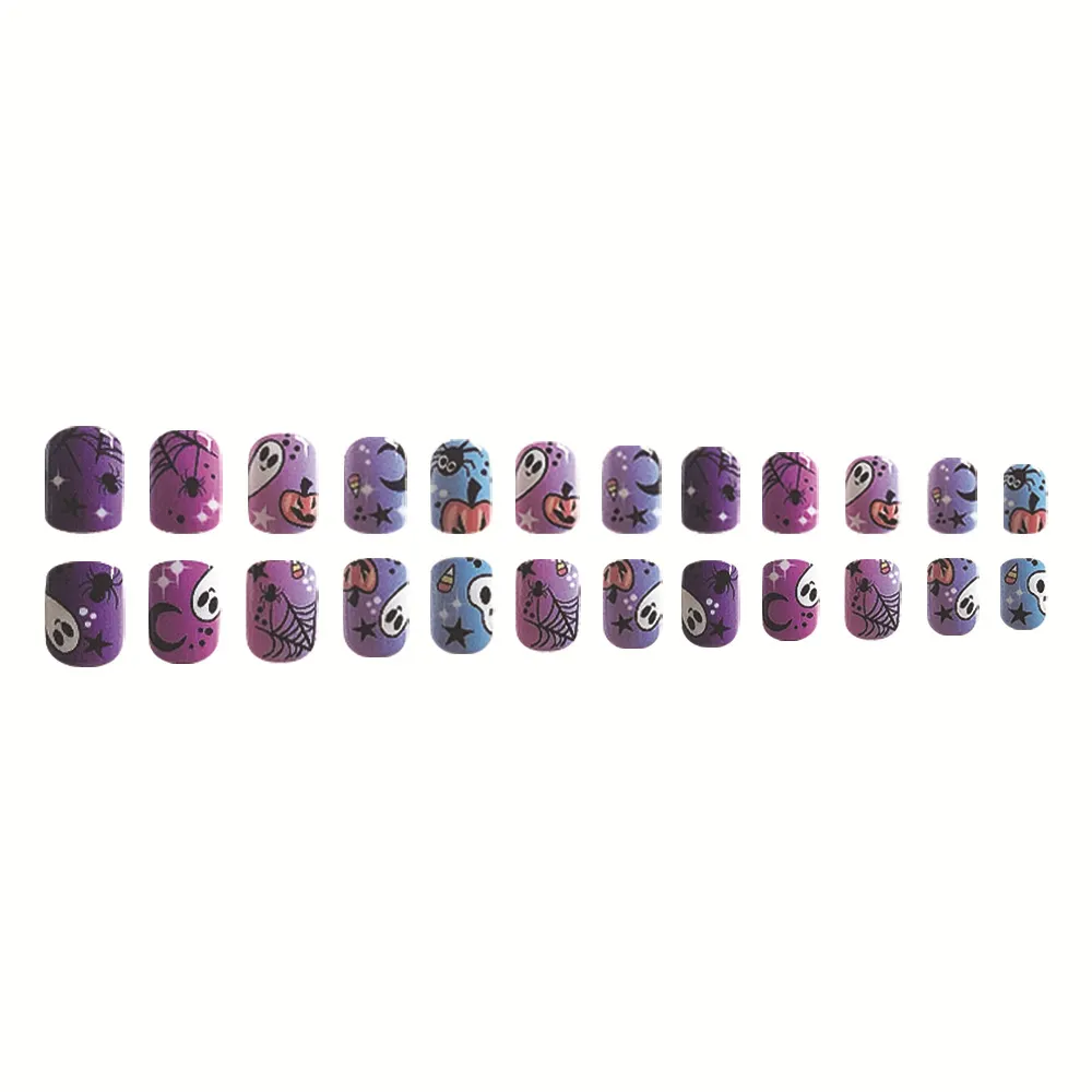 Churchf Churchf Purple Bright Oil Short Square Nail Halloween Ghost Pumpkin Spider Web Fake Nail Products Wear Nail Holiday Nail
