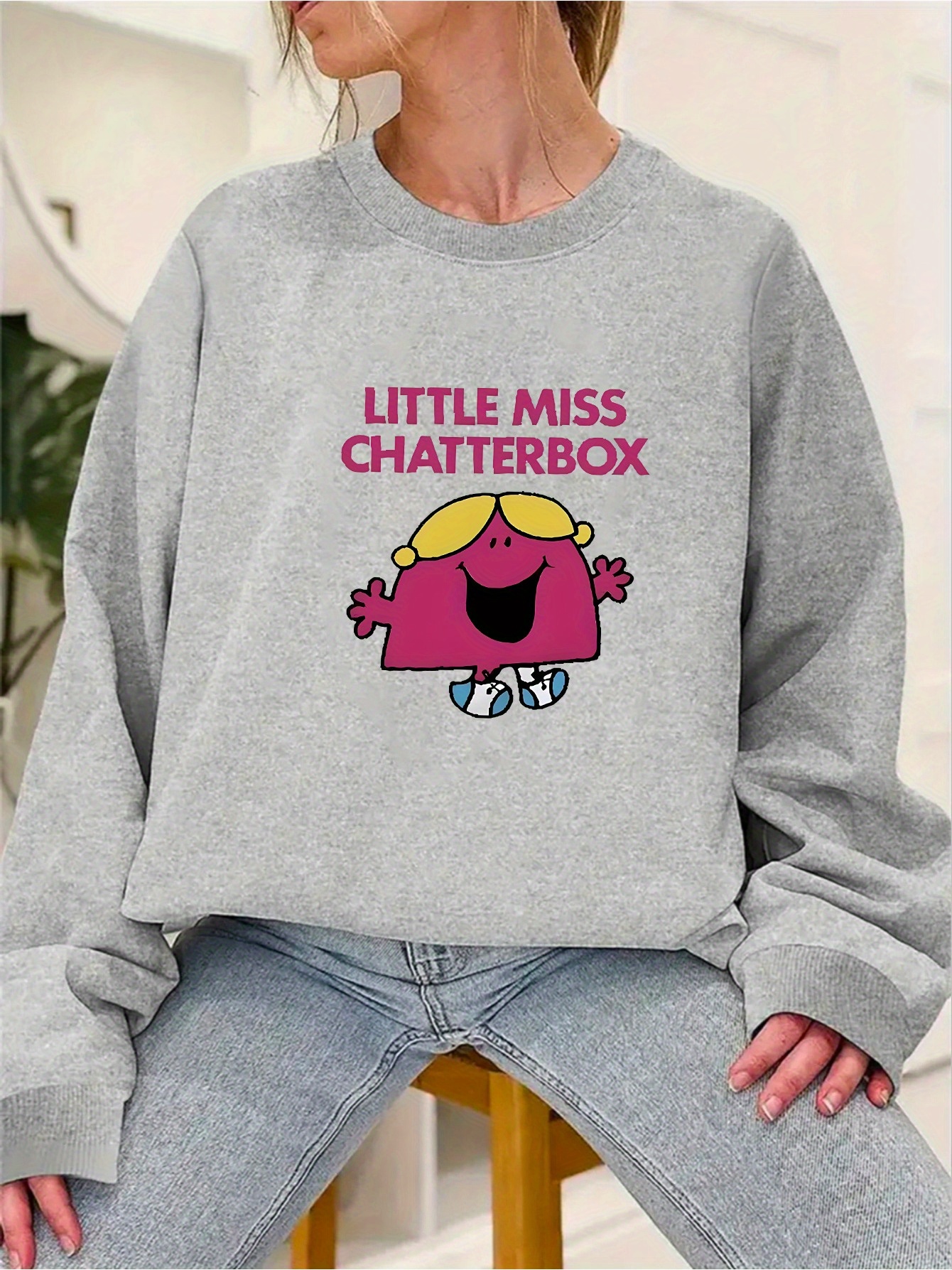 1pc Women's "Little Miss Chatterbox" Graphic Long Sleeve Crewneck Sweatshirt - Casual Summer Pullover With Cartoon Character Design, Soft & Comfortable, Easy Care, Perfect For Vacation Or Casual Attire, Vacation Clothing | Playful Design | | IFYHOME