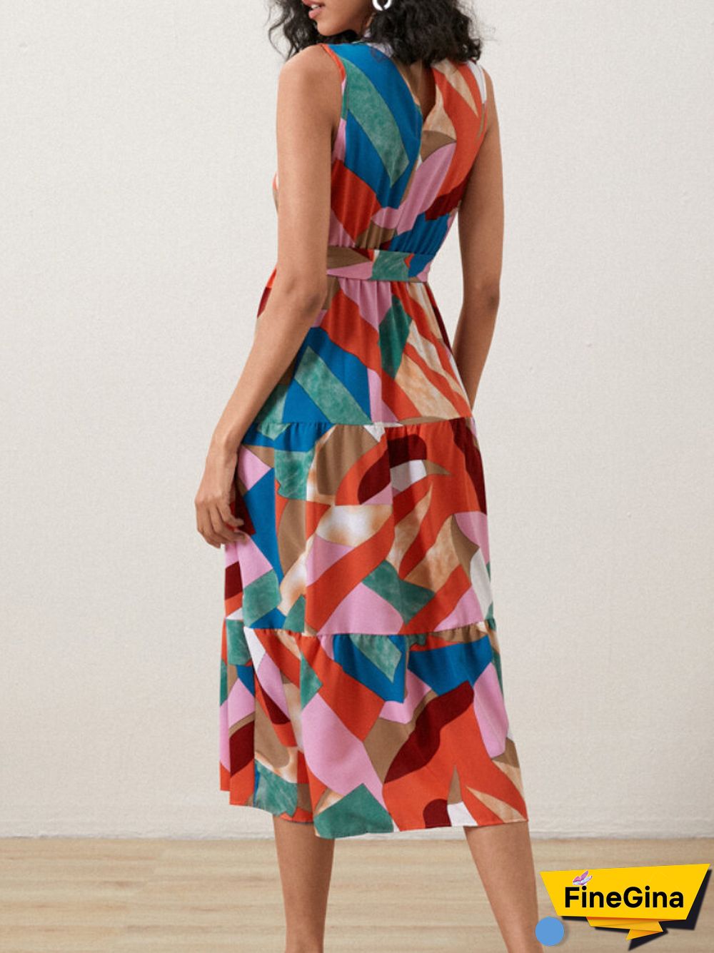 Multicolor Geo Print Stand Collar Sleeveless Maxi Dress
