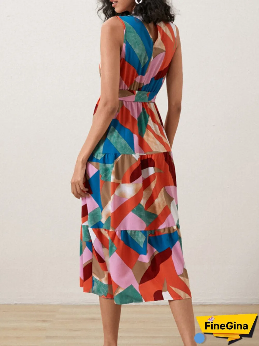 Multicolor Geo Print Stand Collar Sleeveless Maxi Dress