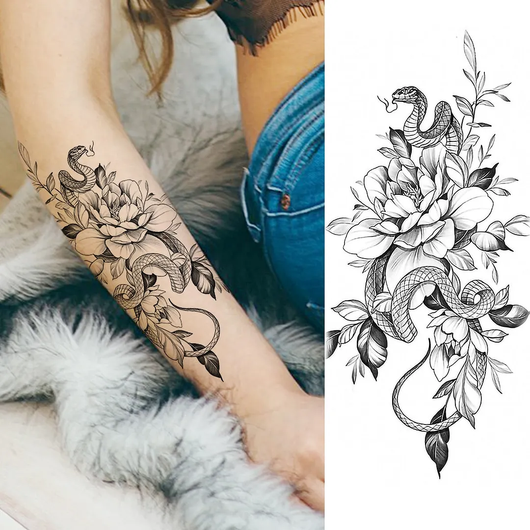 Black Rose Flower Snake Temporary Tattoos For Women Adult Peony Serpent Fake Tattoo Forearm Body Art Painting Waterproof Tatoos