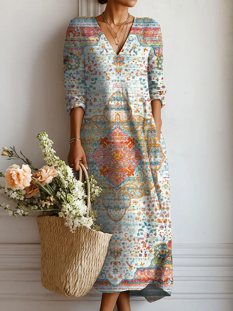 Women's Vintage Pattern Art Print Linen Pocket Dress