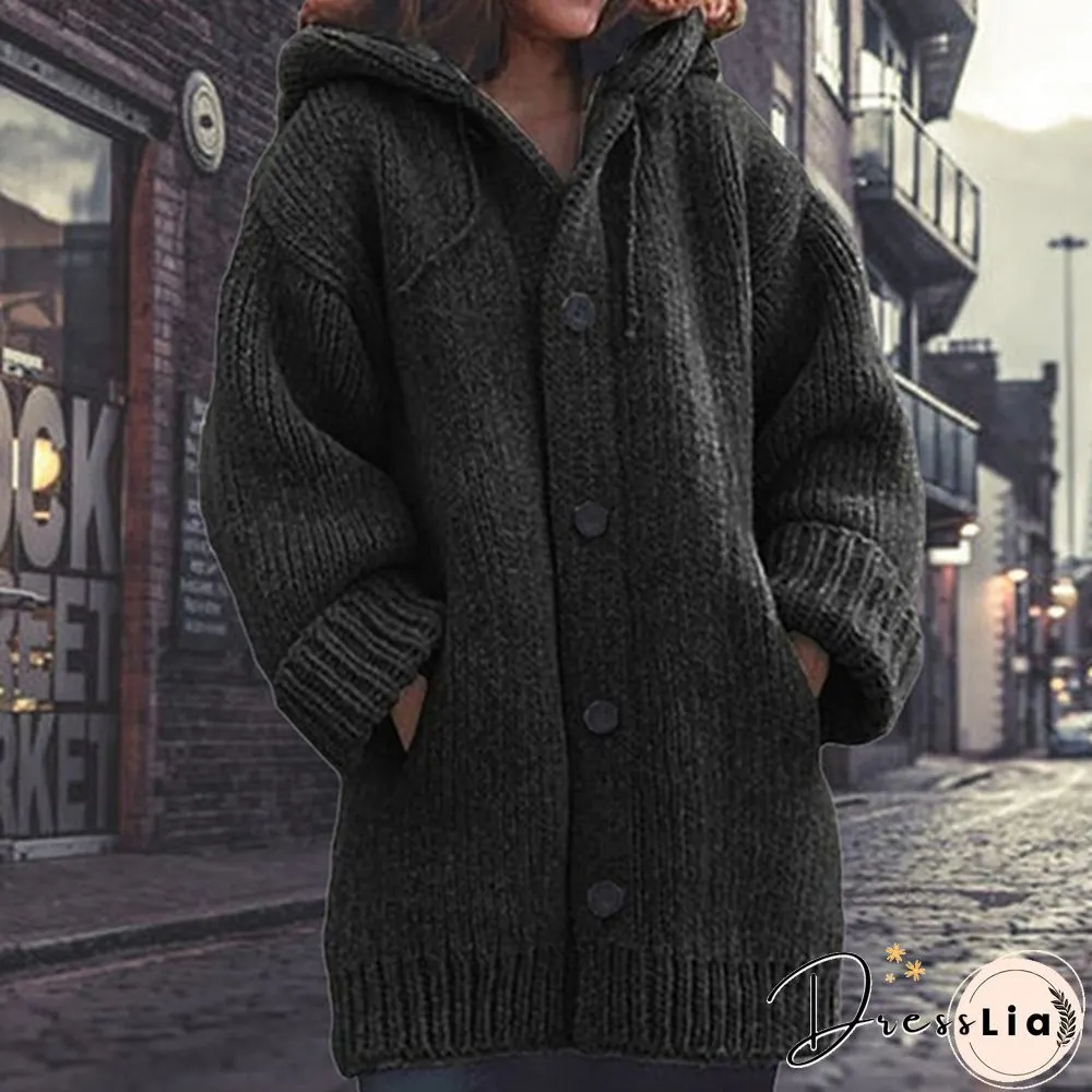 Women Fashion Mid-length Button Up Knitted Cardigan Jackets Ladies Casual Autumn and Winter Hooded Sweater Coats Strickjacke Damen