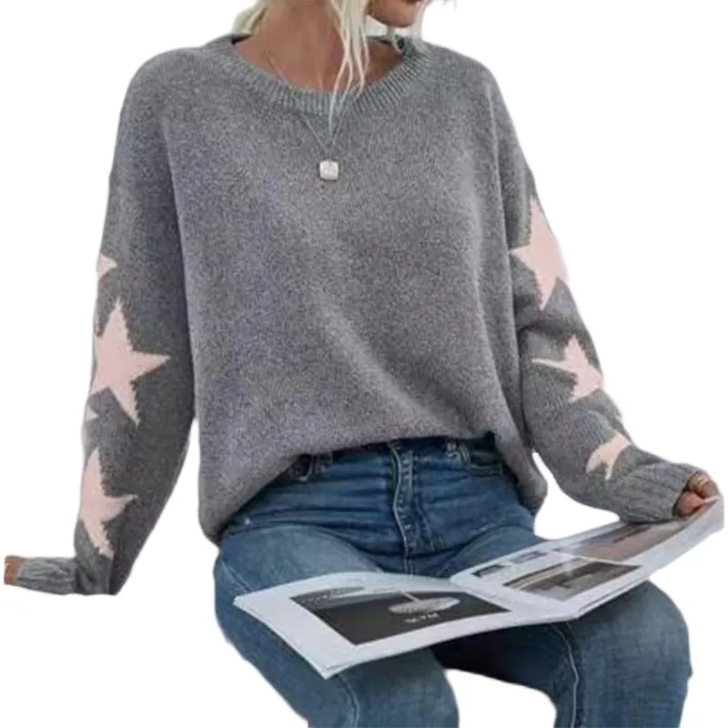 Nigikala Nigikala And Winter Women's Knitted Sweater Fashion Pure Color Five-Pointed Star-Colored Collar Collar Sweater