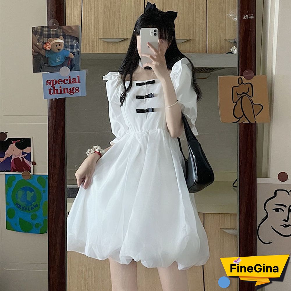 Fashion Lolita Style White Dress Women Summer Japanese Puff Sleeve Elegant Vestidos Vintage Square Collar A-Line Mini Dress New