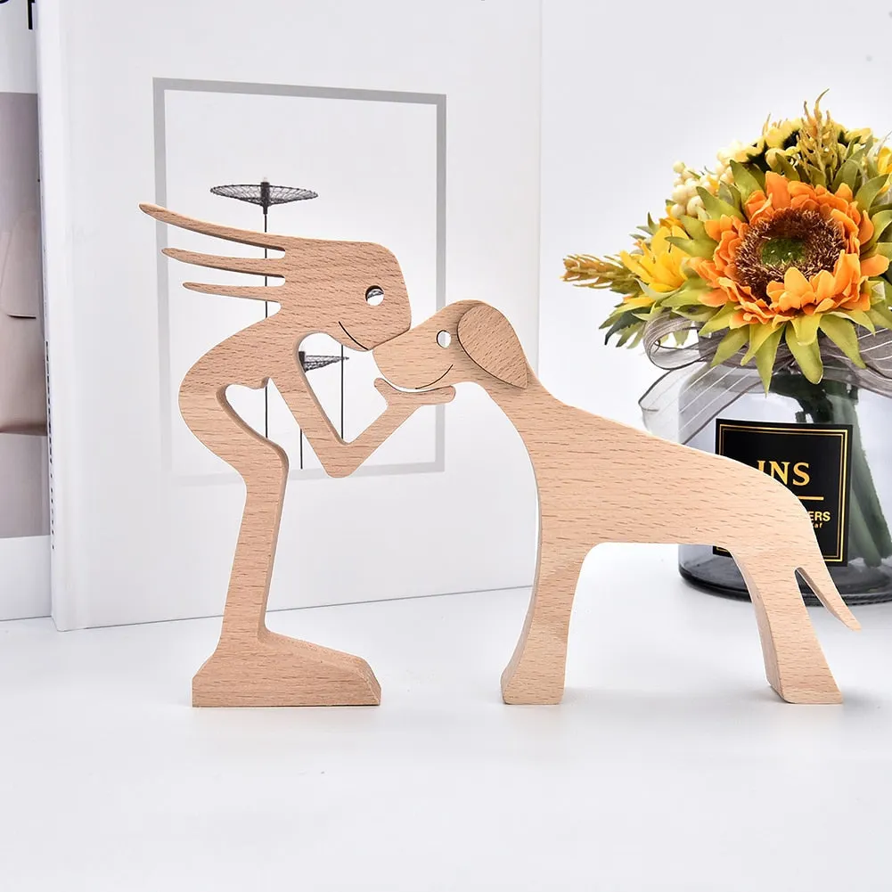 Family Puppy Wood Dog Craft Figurine Desktop Table Ornament Carving Model Creative Home Office Decoration Love Pet sculpture 515-1
