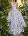 Floral-Print Strappy Organza Gown