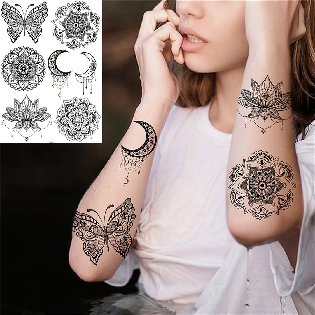 Sexy Black Henna Temporary Tattoos For Women Girls Lotus Flower Lace Tattoo Sticker Fake Jewelry Mandala Body Chest Tatoos Paper