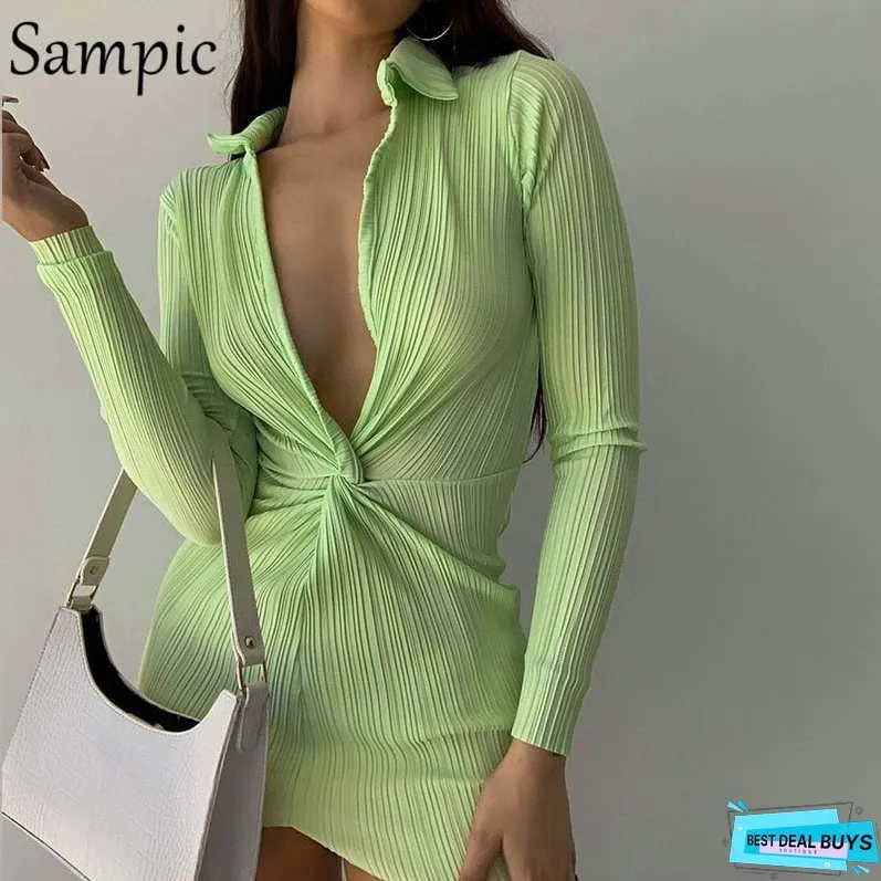 Christmas Gift Sampic Dresses For Women Long Sleeve Dreep V Neck Striped Green Sexy Club Dress Bodycon Mini Wrap Ladies Dresses Y2K