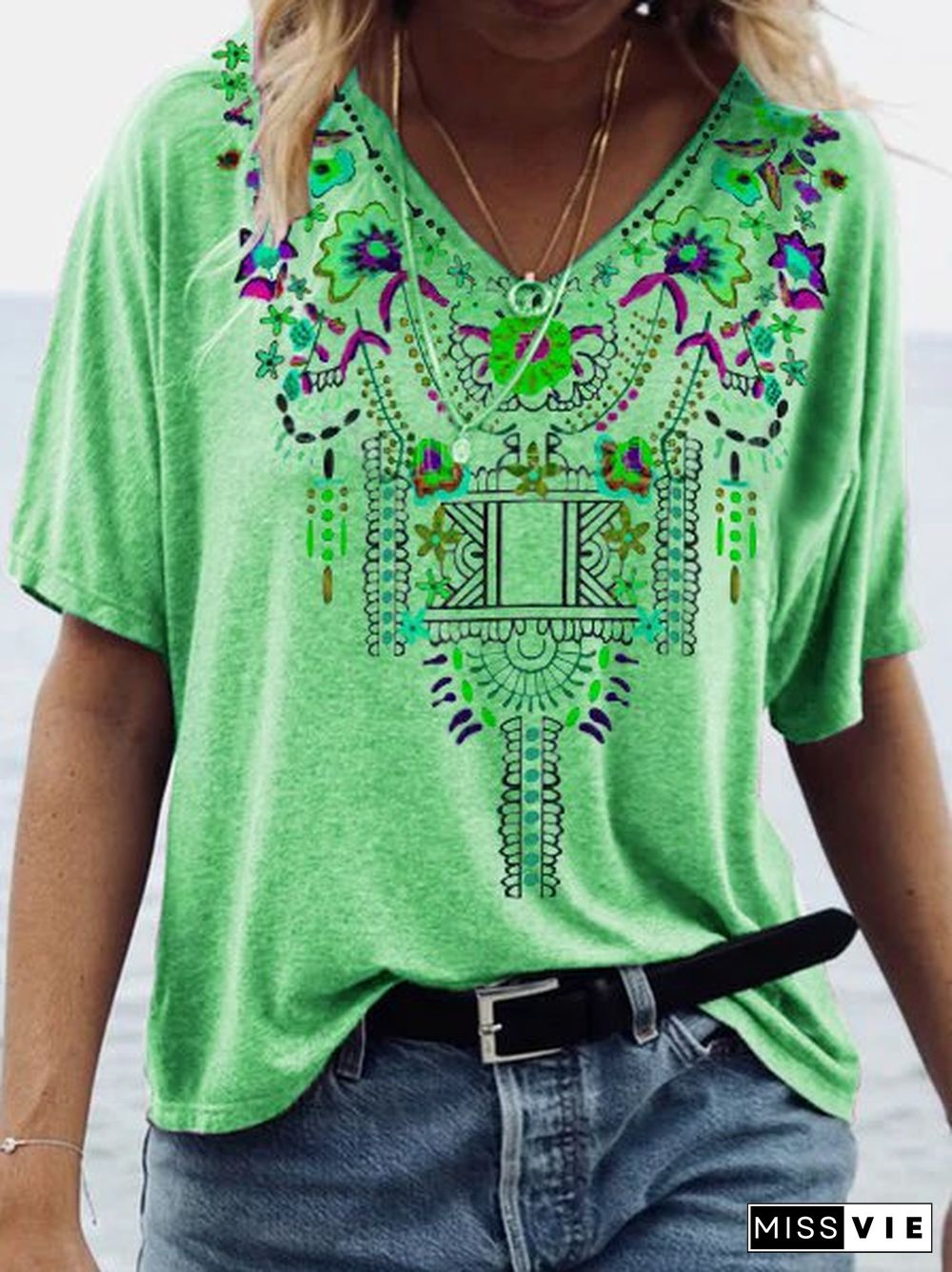 Women Boho Vintage Cotton Floral V Neck T-Shirts