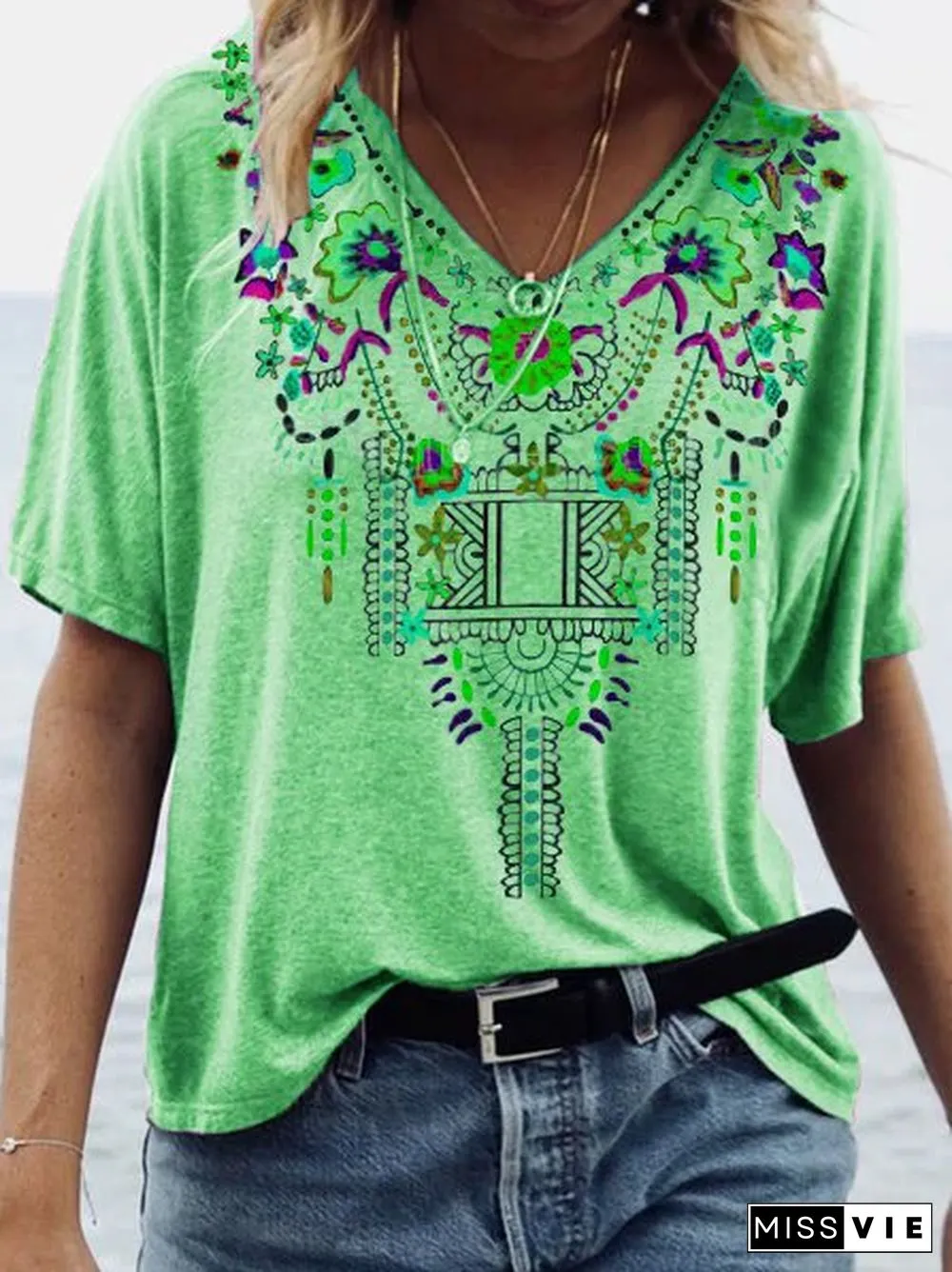 Women Boho Vintage Cotton Floral V Neck T-Shirts