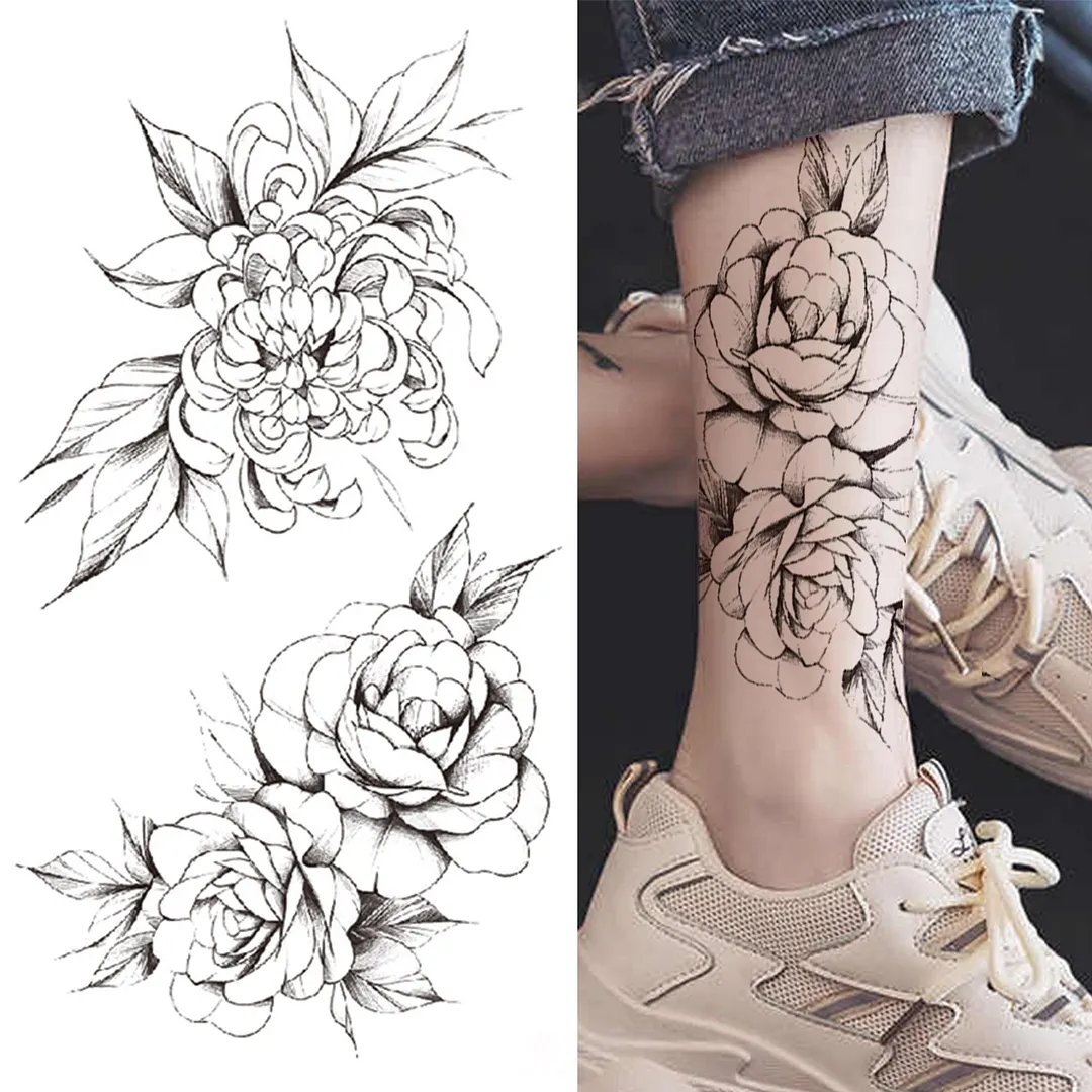 Realistic Fake Peony Temporary Tattoos For Women Girl Black Rose Elephant Flower Tattoo Sticker Tiger Anemone Tatoos Half Sleeve 1108-1