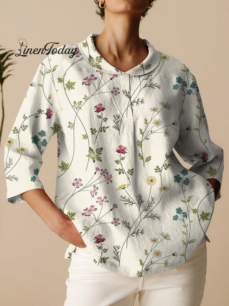 Women&rsquo;s Vintage Floral Art Print Casual Linen Cotton 3/4 Sleeve Shirt Multicolor / S