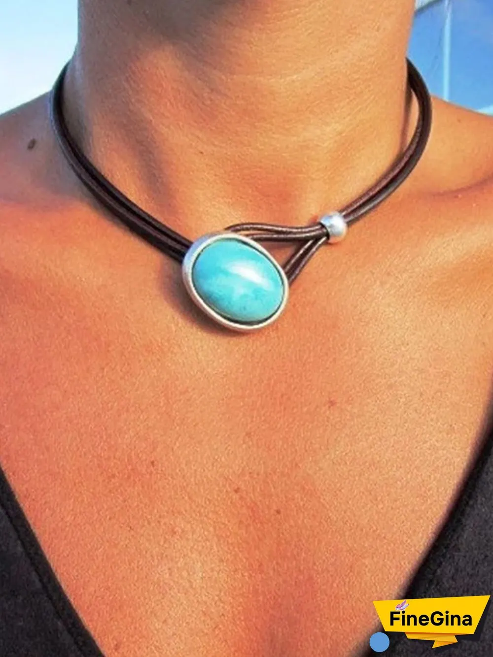 Vintage Leather Cord Turquoise Necklace