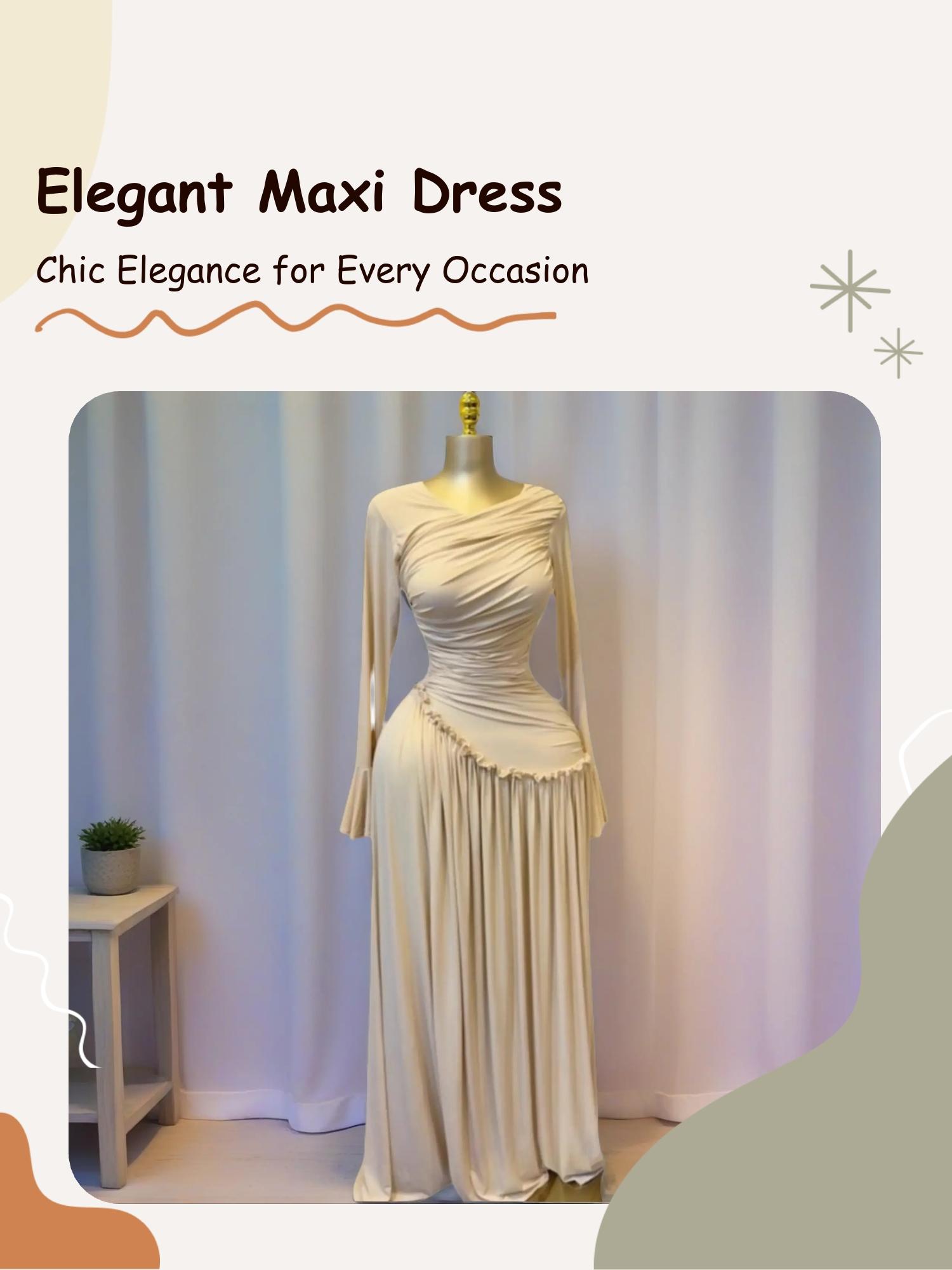 PULKRITU Elegant Chic Women's Long Sleeve O-Neck Big Swing Maxi Dress Woven, Fall & Winter Wear, Sweet Holiday Birthday Party Sexy Dress, Casual Style