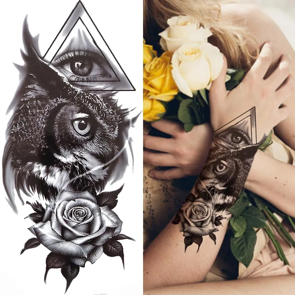 Sexy Rose Lion Flower Temporary Tattoos For Women Men Kids Boys Realistic Fake Wolf Tattoo Sticker Black Cross Compass Tatoos 1108