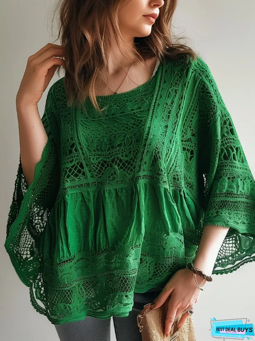 Elegant Round Neck Bat Sleeve Lace T-Shirt