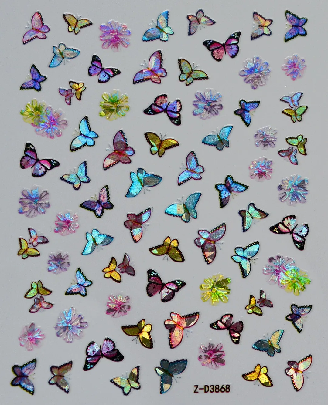 1pc Holographic Blue Nail Stickers Pink Colorful Butterfly Art Sticker With Adhesive DIY Extension Flowers Rose Nail Decoration-Nail Inspo