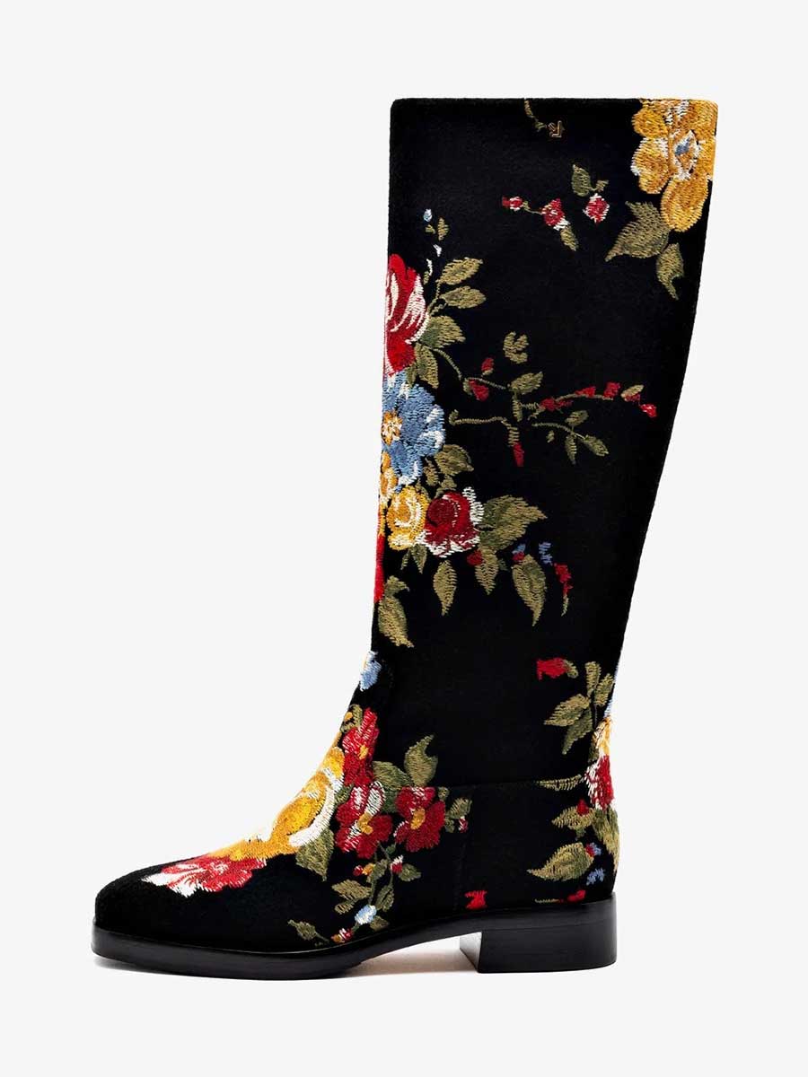 Black Fabric Round Toe Knee High Flat Boots with Floral Embroidered