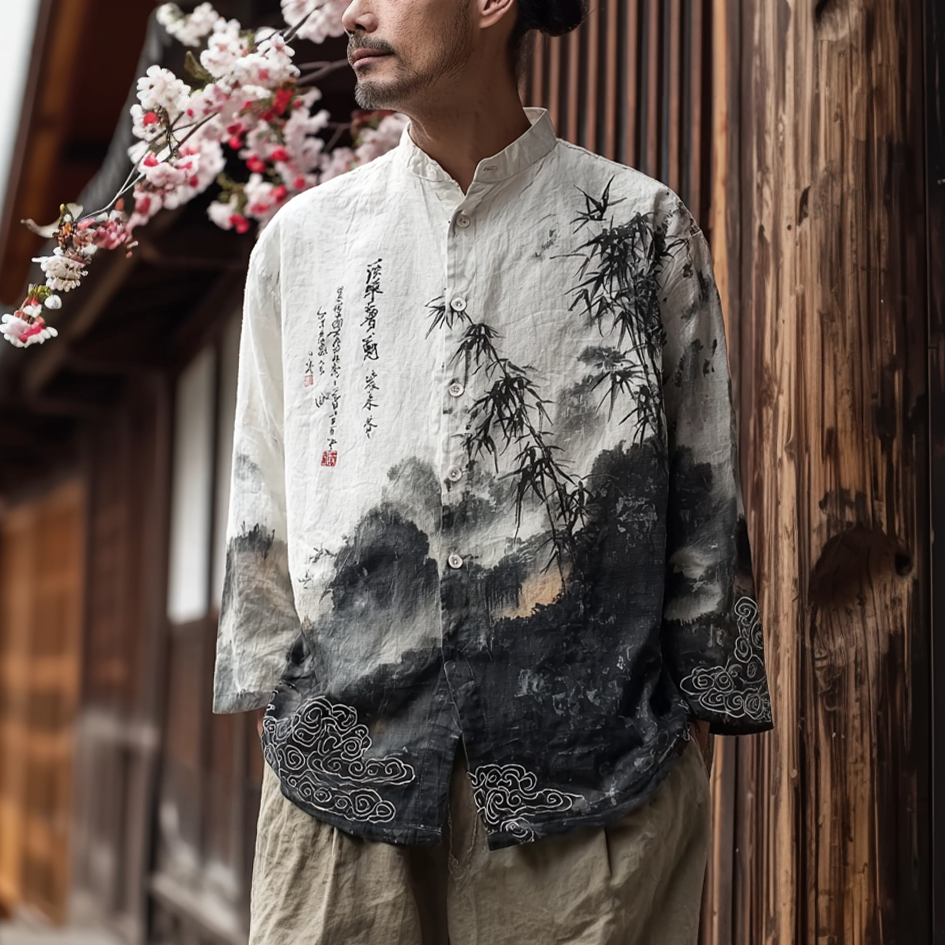 Japanese Art Retro Ink Painting Design Pattern Men's Casual Linen Long-sleeve Shirt elevenforest